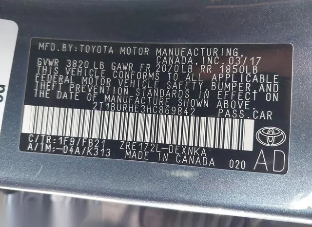 2T1BURHE3HC869842 2017 2017 Toyota Corolla- LE 9