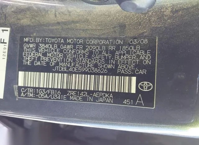 JTDBL40E599038626 2009 2009 Toyota Corolla 9