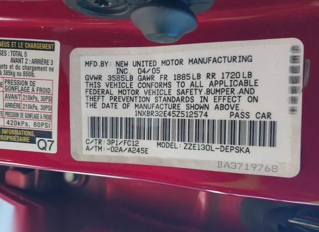 1NXBR32E45Z512574 2005 2005 Toyota Corolla- S 9