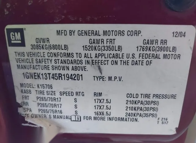 1GNEK13T45R194201 2005 2005 Chevrolet Tahoe- Z71 9