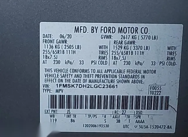 1FMSK7DH2LGC23661 2020 2020 Ford Explorer- Xlt 9