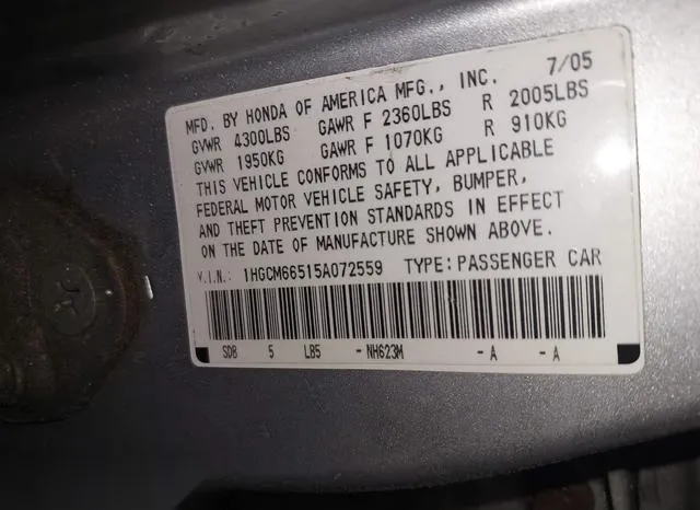 1HGCM66515A072559 2005 2005 Honda Accord- 3-0 EX 9