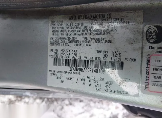 3FAHP0HA6CR148109 2012 2012 Ford Fusion- SE 9