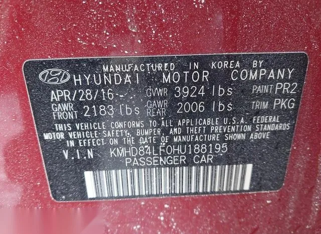 KMHD84LF0HU188195 2017 2017 Hyundai Elantra- SE 9