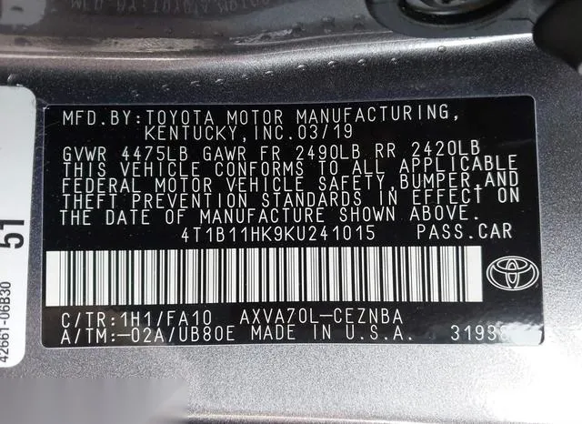 4T1B11HK9KU241015 2019 2019 Toyota Camry- LE 9