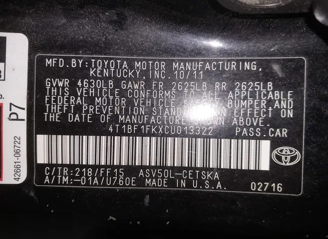 4T1BF1FKXCU013322 2012 2012 Toyota Camry- SE 9