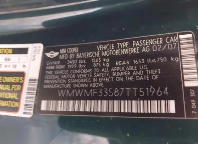 WMWMF33587TT51964 2007 2007 Mini Cooper 9