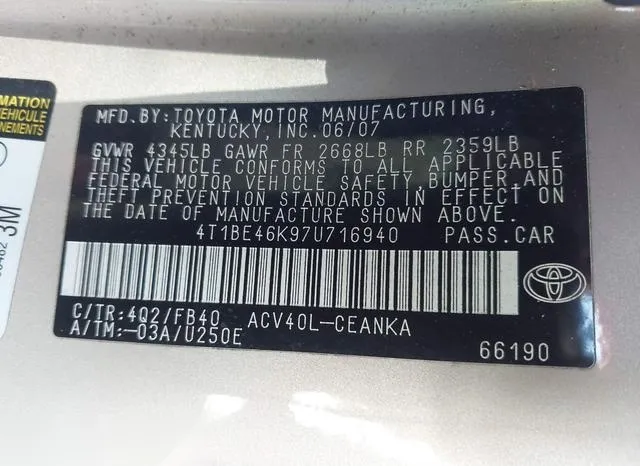 4T1BE46K97U716940 2007 2007 Toyota Camry- CE 9