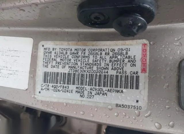 JTDBE32KX20022844 2002 2002 Toyota Camry- Le/Se/Xle 9