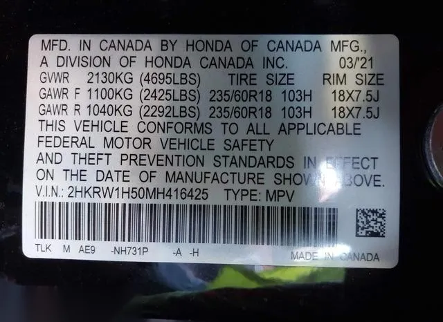 2HKRW1H50MH416425 2021 2021 Honda CR-V- 2Wd Ex 9