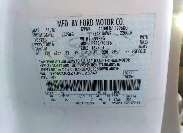 1FMCU02Z78KC23743 2008 2008 Ford Escape- Xls/Xls Manual 9