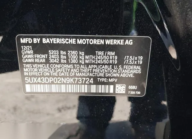 5UX43DP02N9K73724 2022 2022 BMW X3- Sdrive30I 9