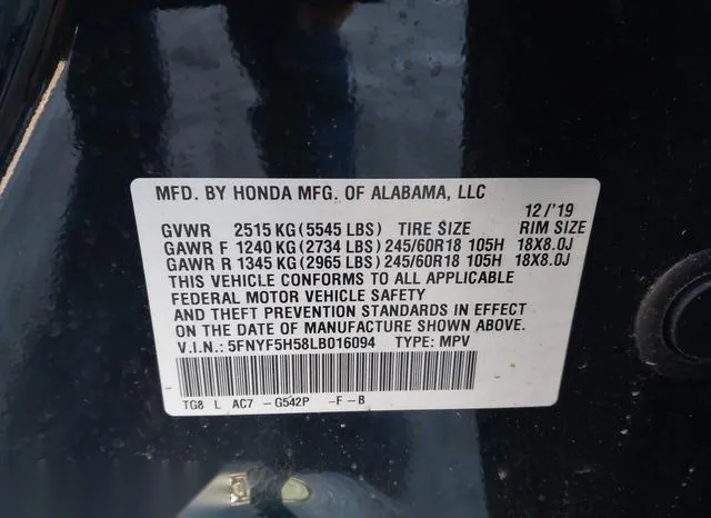 5FNYF5H58LB016094 2020 2020 Honda Pilot- 2Wd Ex-L 9