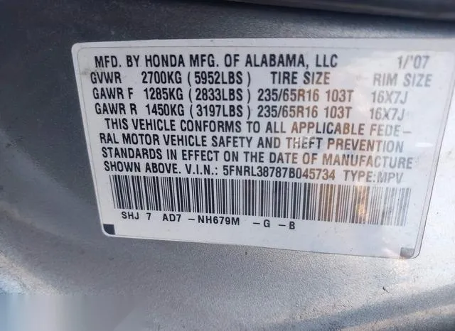 5FNRL38787B045734 2007 2007 Honda Odyssey- Ex-L 9