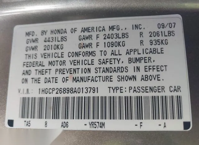 1HGCP26898A013791 2008 2008 Honda Accord- 2-4 Ex-L 9