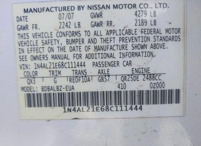 1N4AL21E68C111444 2008 2008 Nissan Altima- 2-5 S 9