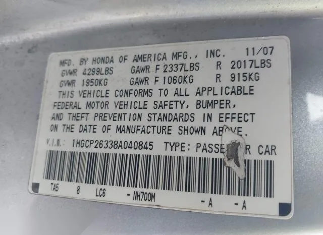 1HGCP26338A040845 2008 2008 Honda Accord- 2-4 LX 9