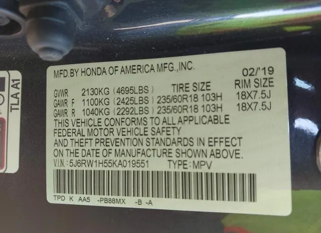 5J6RW1H55KA019551 2019 2019 Honda CR-V- EX 9