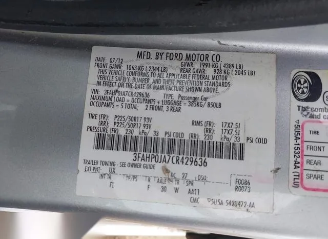 3FAHP0JA7CR429636 2012 2012 Ford Fusion- Sel 9