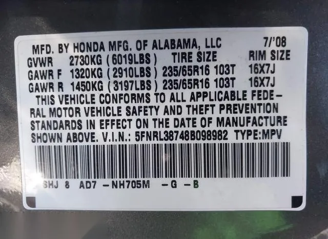 5FNRL38748B098982 2008 2008 Honda Odyssey- Ex-L 9