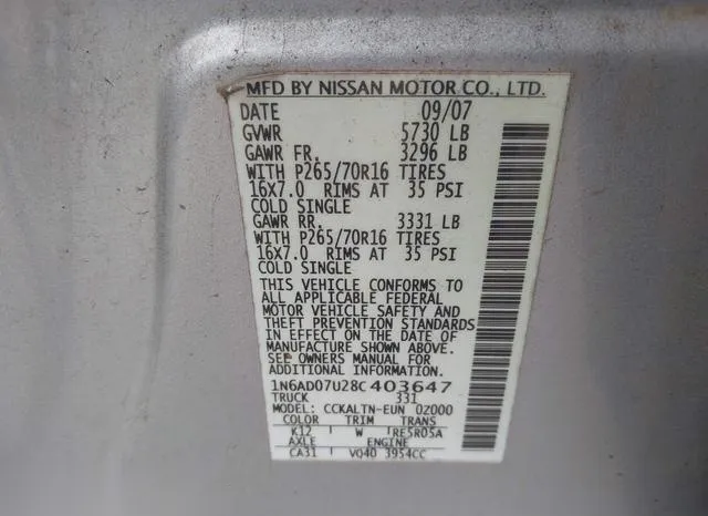 1N6AD07U28C403647 2008 2008 Nissan Frontier- SE 9