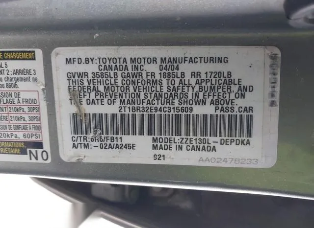 2T1BR32E94C315609 2004 2004 Toyota Corolla- CE 9