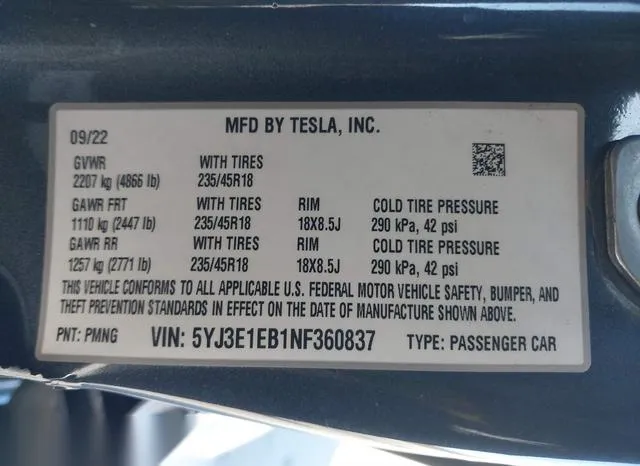 5YJ3E1EB1NF360837 2022 2022 Tesla Model 3- Long Range Dual 9