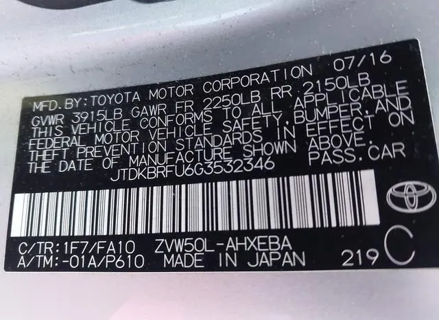 JTDKBRFU6G3532346 2016 2016 Toyota Prius- Two 9