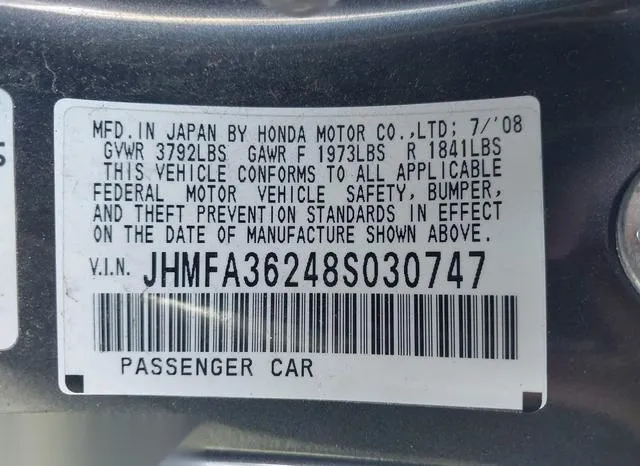 JHMFA36248S030747 2008 2008 Honda Civic- Hybrid Hybrid 9