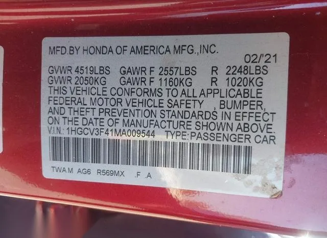 1HGCV3F41MA009544 2021 2021 Honda Accord- Hybrid Ex 9