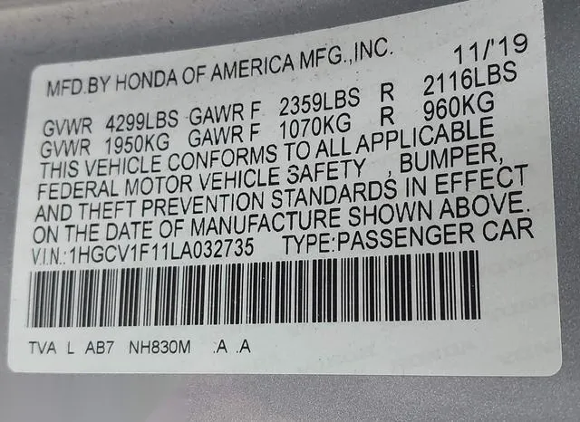 1HGCV1F11LA032735 2020 2020 Honda Accord- LX 9