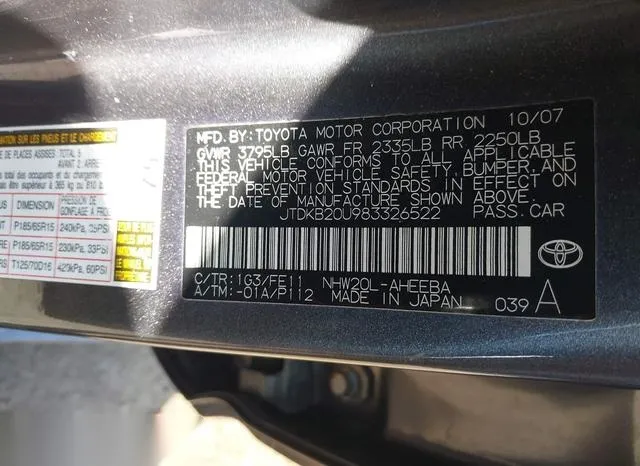 JTDKB20U983326522 2008 2008 Toyota Prius 9