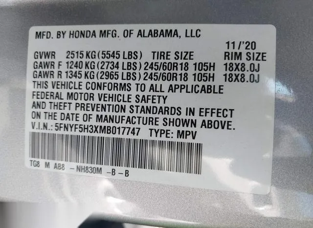 5FNYF5H3XMB017747 2021 2021 Honda Pilot- 2Wd Ex 9