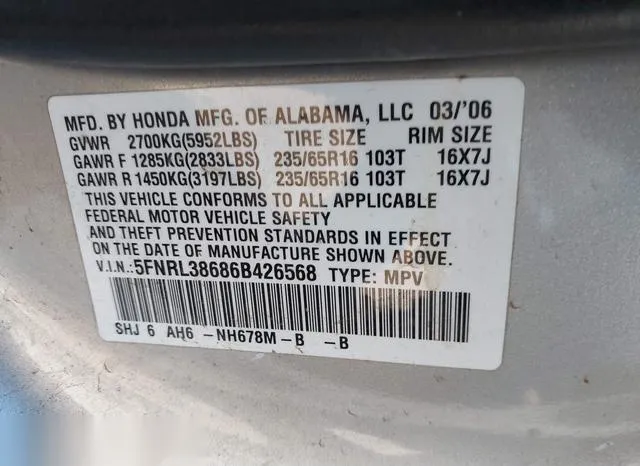 5FNRL38686B426568 2006 2006 Honda Odyssey- Ex-L 9