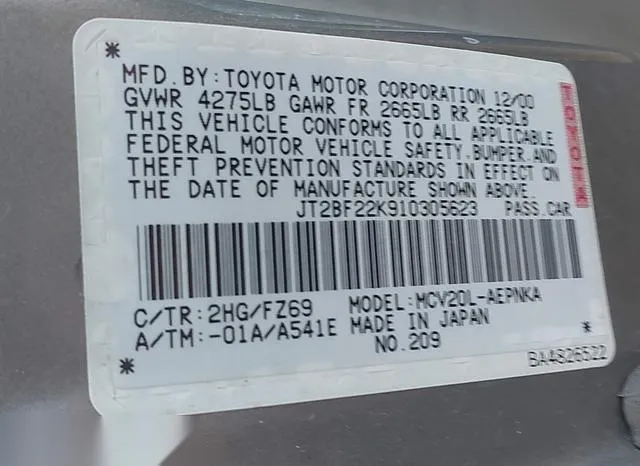 JT2BF22K910305623 2001 2001 Toyota Camry- Le V6 9