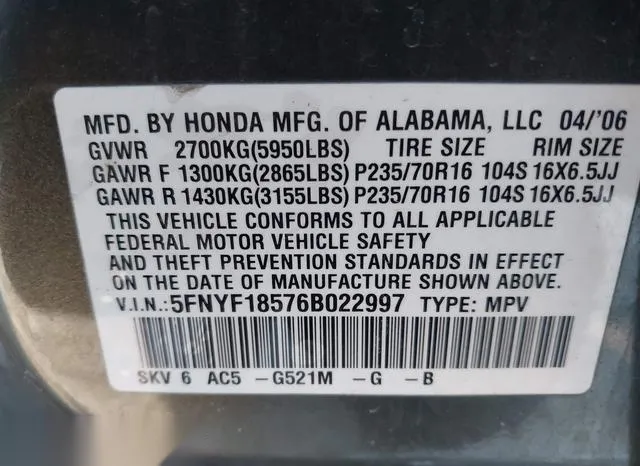 5FNYF18576B022997 2006 2006 Honda Pilot- Ex-L 9