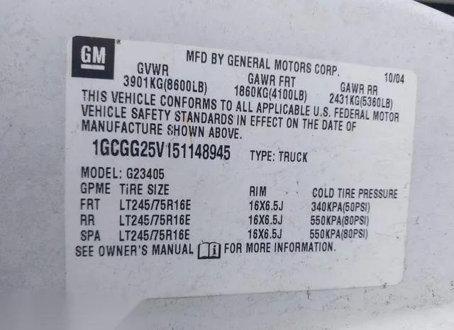 1GCGG25V151148945 2005 2005 Chevrolet Express 9