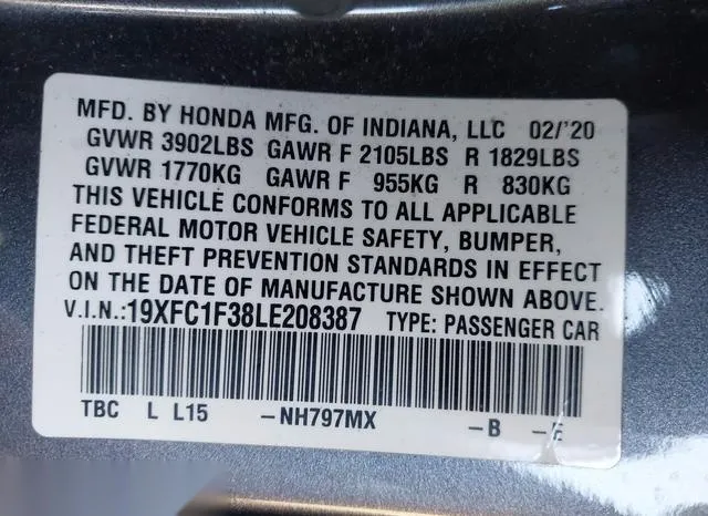 19XFC1F38LE208387 2020 2020 Honda Civic- EX 9