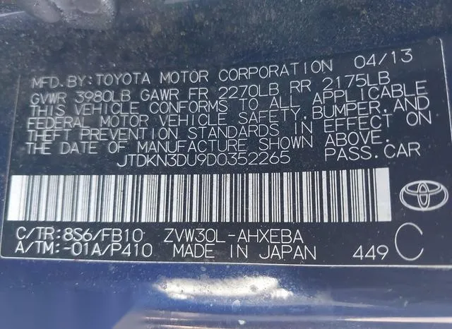 JTDKN3DU9D0352265 2013 2013 Toyota Prius- Two 9