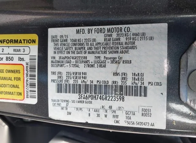 3FA6P0H74GR223598 2016 2016 Ford Fusion- SE 9