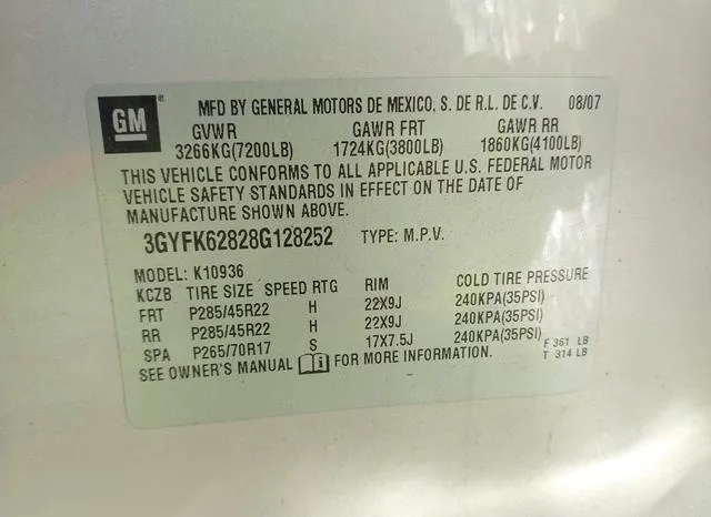 3GYFK62828G128252 2008 2008 Cadillac Escalade- Ext Standard 9