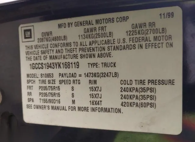 1GCCS1943YK168119 2000 2000 Chevrolet S10- LS 9