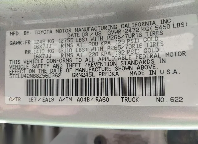 5TELU42N88Z560362 2008 2008 Toyota Tacoma- Double Cab 9