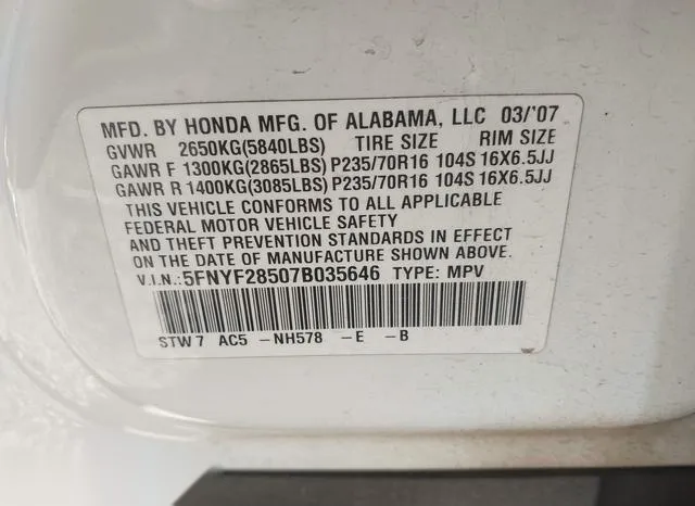 5FNYF28507B035646 2007 2007 Honda Pilot- Ex-L 9