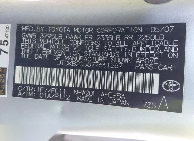 JTDKB20U877661567 2007 2007 Toyota Prius 9