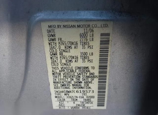 5N1AR18WX7C619573 2007 2007 Nissan Pathfinder- SE 9