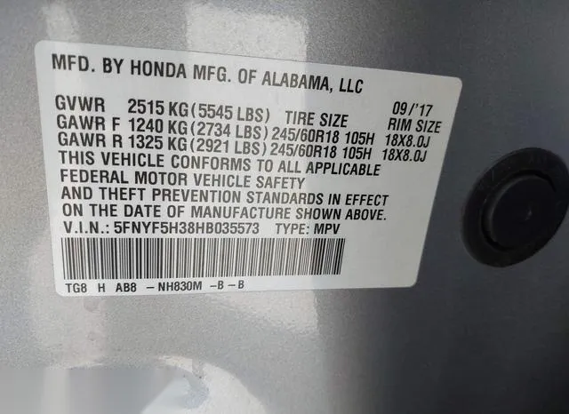 5FNYF5H38HB035573 2017 2017 Honda Pilot- EX 9