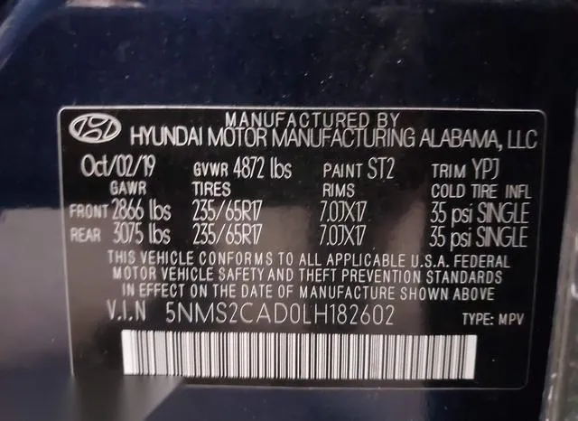 5NMS2CAD0LH182602 2020 2020 Hyundai Santa Fe- SE 9