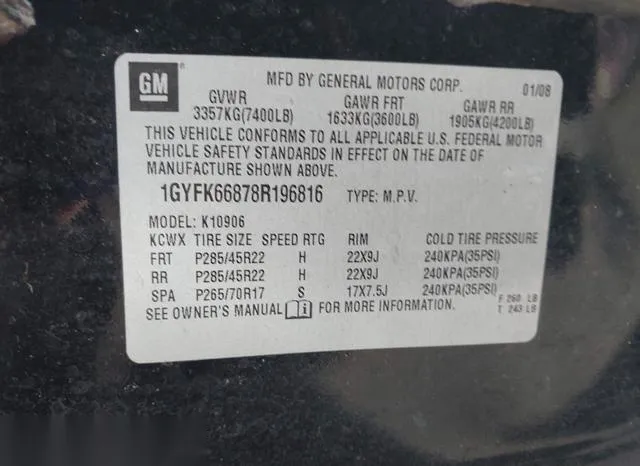 1GYFK66878R196816 2008 2008 Cadillac Escalade- Esv Standard 9