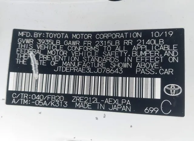 JTDEPRAE3LJ078643 2020 2020 Toyota Corolla- LE 9